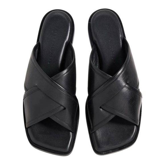 Freda Salvador Shoes - Freda Salvador Marta Black Leather Criss Cross Slide Sandal Flat Minimalist 7.5